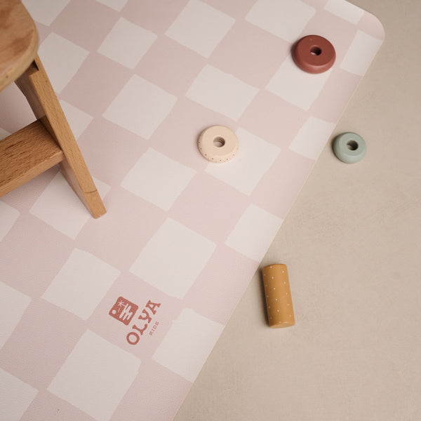 Kids Mealtime Floor Mat, Non-Slip & Waterproof - Chess Pink Beige