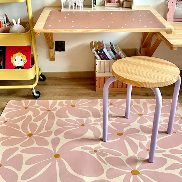 Kids Mealtime Floor Mat, Non-Slip & Waterproof - Daisy Pink