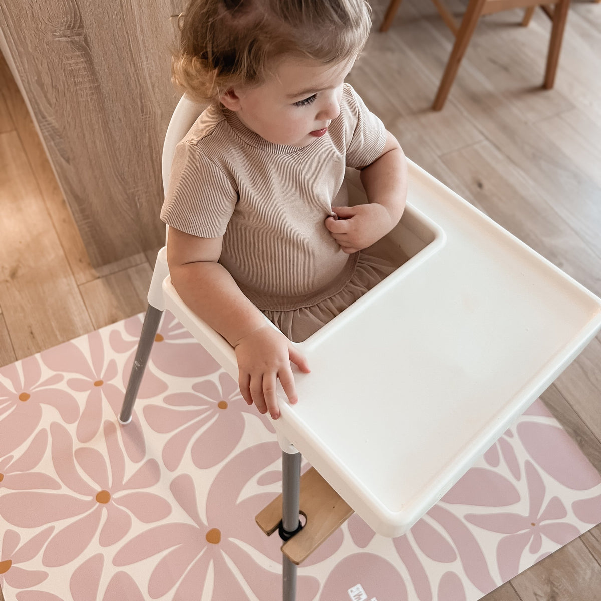 Kids Mealtime Floor Mat, Non-Slip & Waterproof - Daisy Pink
