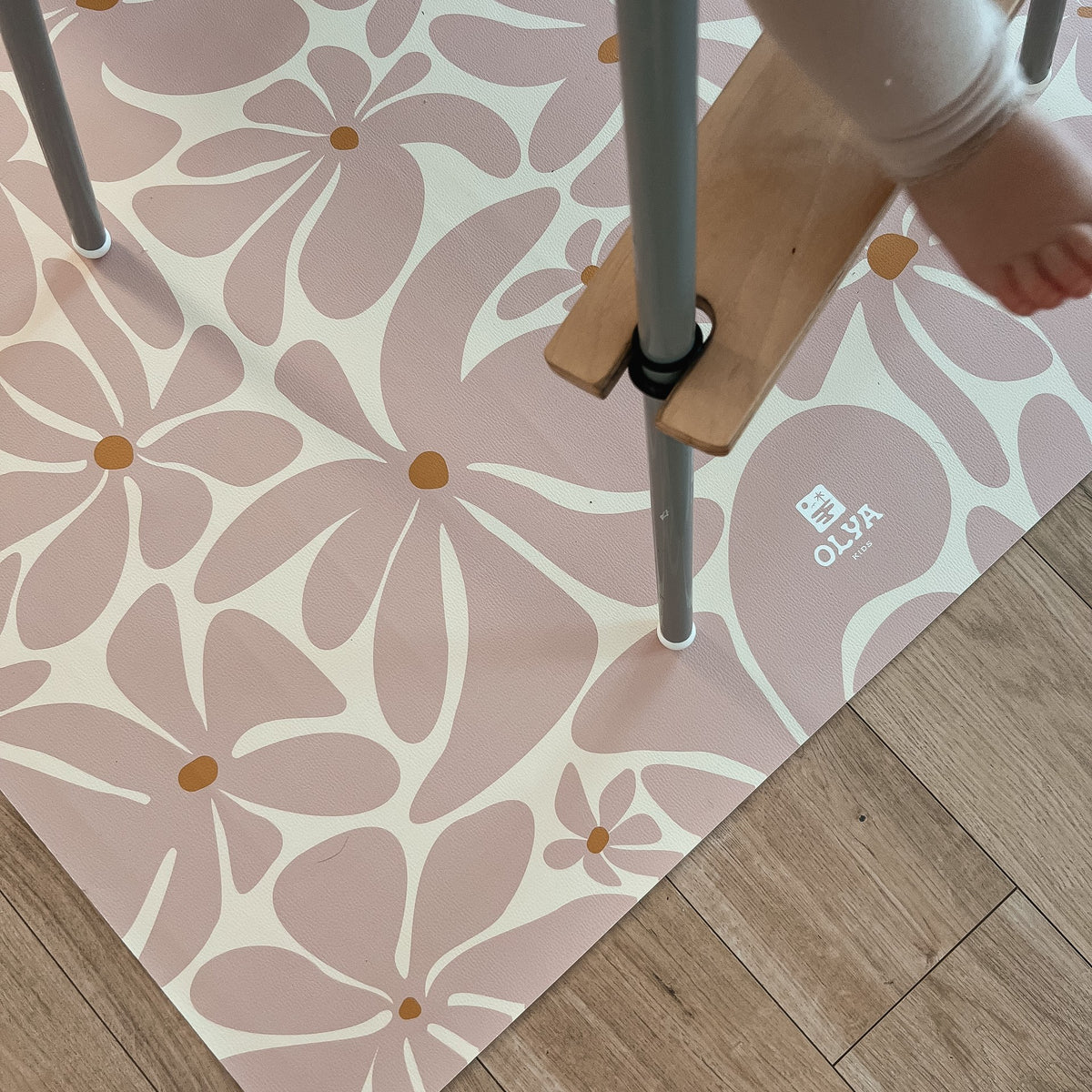 Kids Mealtime Floor Mat, Non-Slip & Waterproof - Daisy Pink