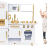 Large White and Gold Wooden Play Kitchen for Children