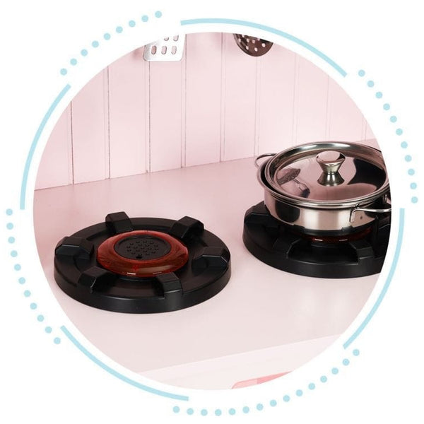 Pink Wooden Play Kitchen with Oven, Burners, Microwave and Accessories